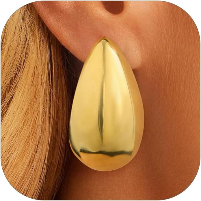 KeyStyle Chunky Gold Hoop Earrings for Women Trendy, Stainless Steel TearDrop Hoops Earring, Lightweight Water Drop Ear Jewerly | Amazon (US)