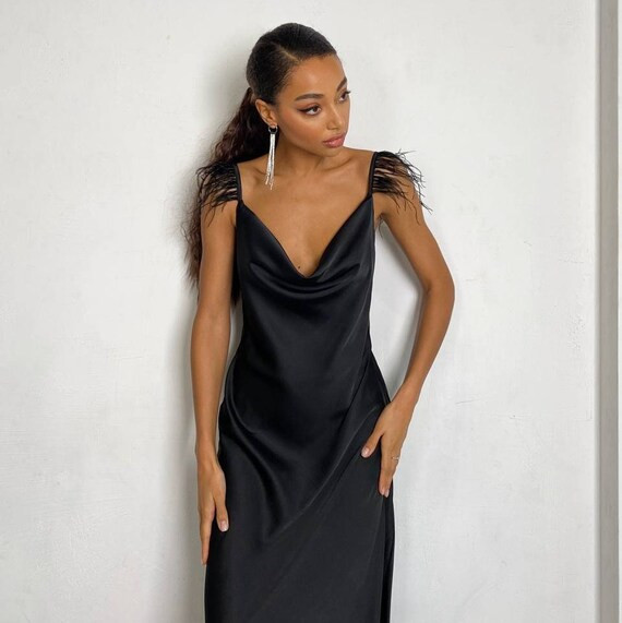 Black Bridesmaid Silk Slip Midi Dress for Women Decorated | Etsy Canada | Etsy (CAD)