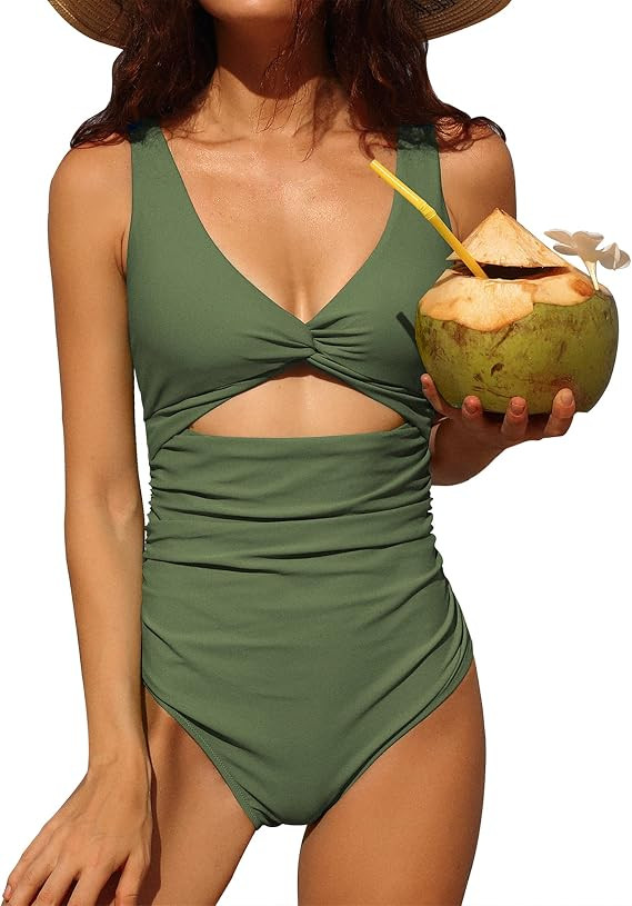 Charmo Womens One Piece Swimsuit Ruched Tummy Control High Cut Backless V Neck Bathing Suits Swimwear | Amazon (US)