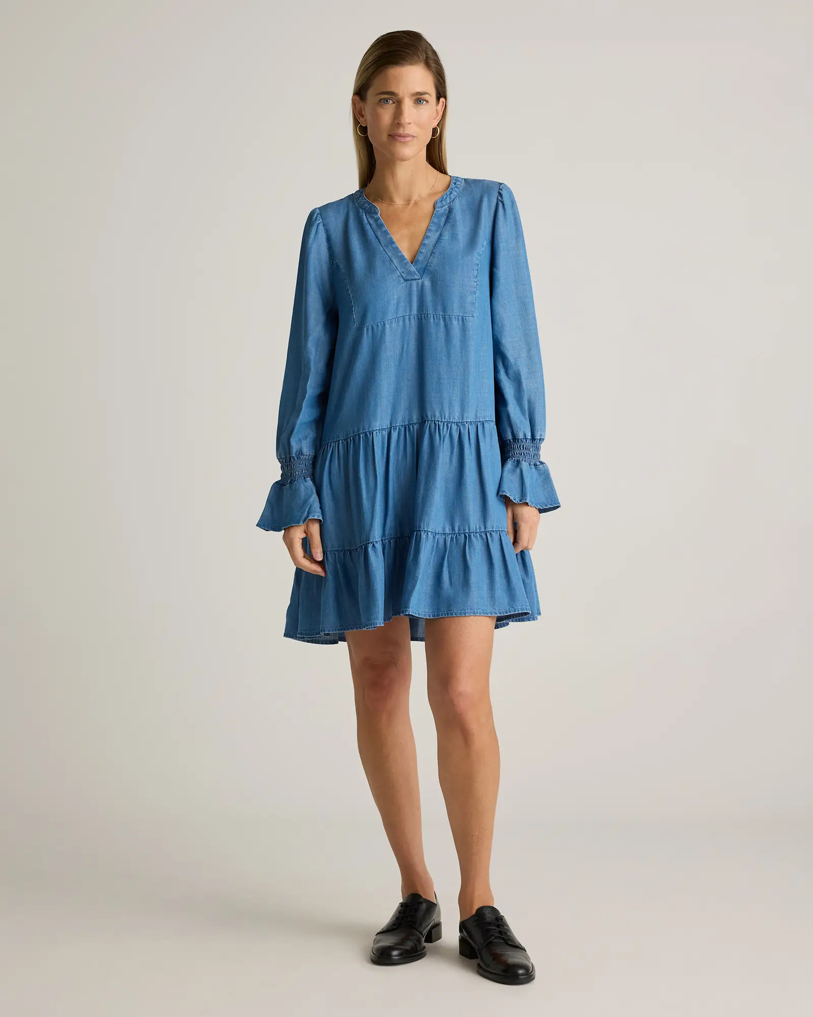 Chambray Tencel Tiered Long Sleeve Mini Dress | Quince