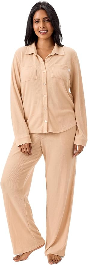 Martha Stewart Waffle 2-Piece Notch Collar Long Sleeve Button Down Pajama Set for Women | Amazon (US)