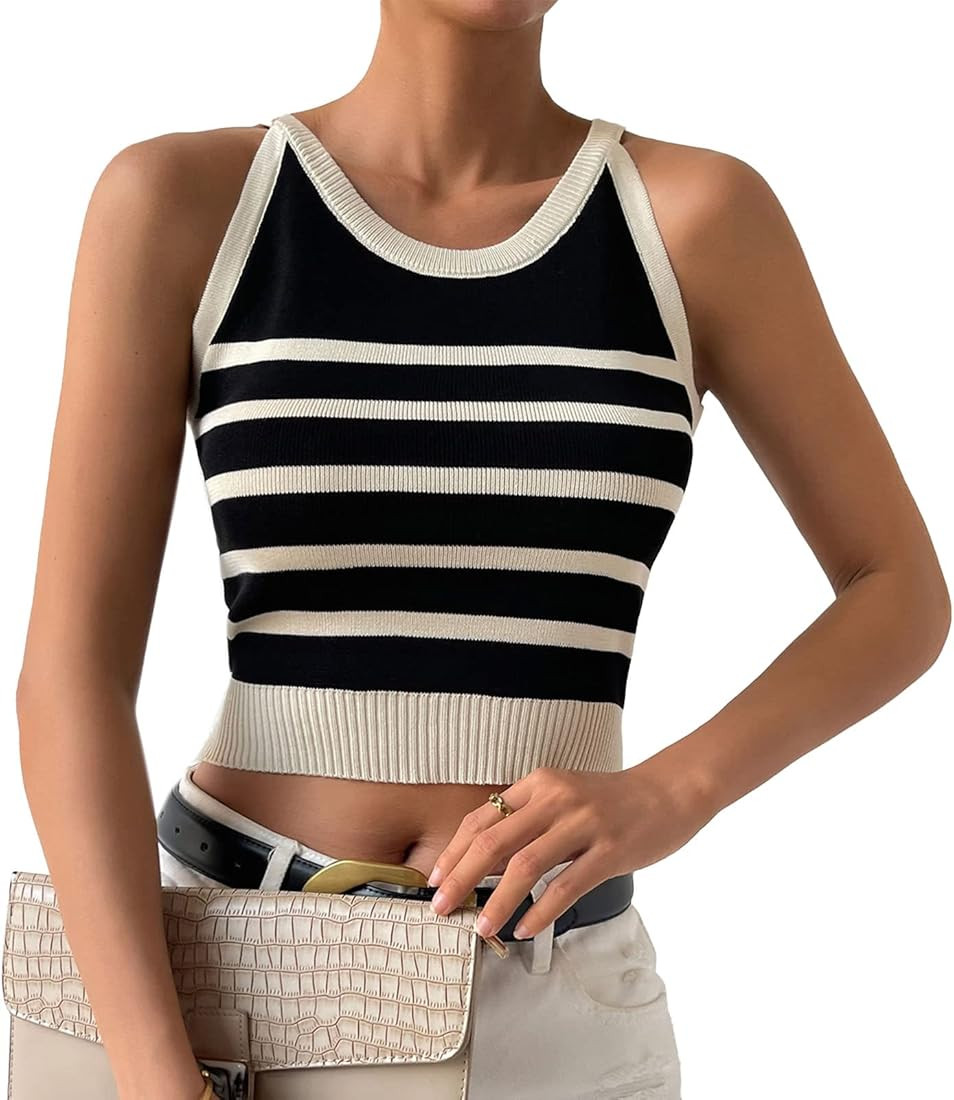 Women Tank Top Round Neck Sleeveless Stripes Crop Tops Short Shirts Cami Tank Top Elegant Basic K... | Amazon (US)