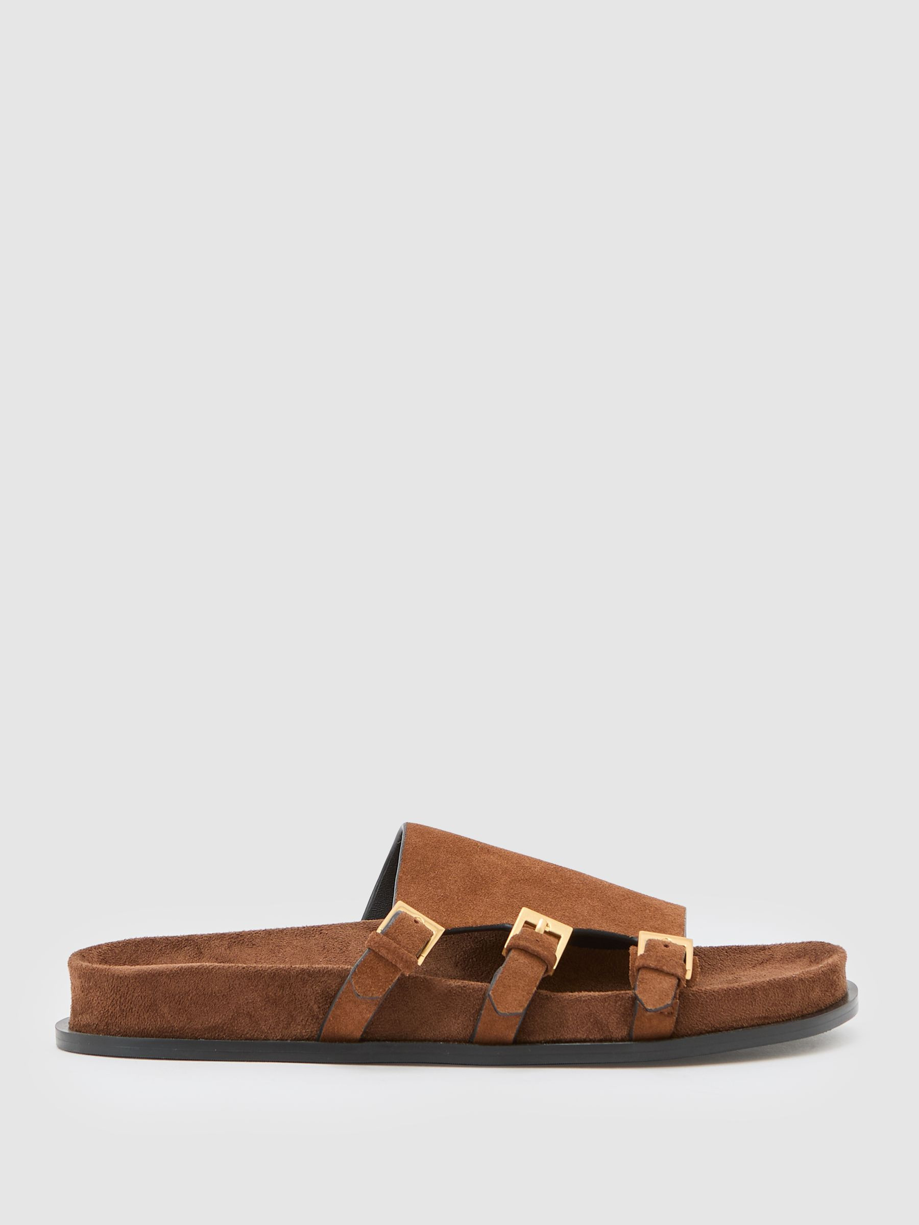 Reiss Suede Buckle-Strap Slip-On Sandals in Tan | REISS | Reiss US