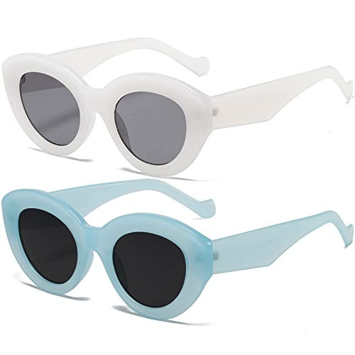 AIEYEZO Oversized Cat Eye Sunglasses for Women Cute Oval Thick Frame Cateye Sun Glasses Chic Retro Style Shades (Candy White + Blue) | Amazon (US)