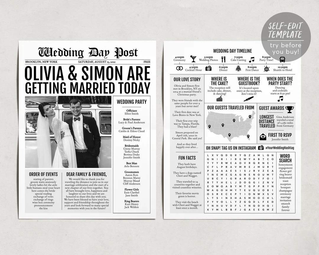 Newspaper Wedding Program Template, Editable Wedding Infographic, Unique Wedding Program, Printab... | Etsy (US)
