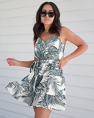 Palm Print Eyelet V-Neck Tie Waist Tiered Trapeze Dress | Express