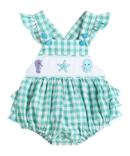 Turquoise Gingham Sea Creatures Smocked Ruffle Bodysuit - Infant & Toddler | Zulily
