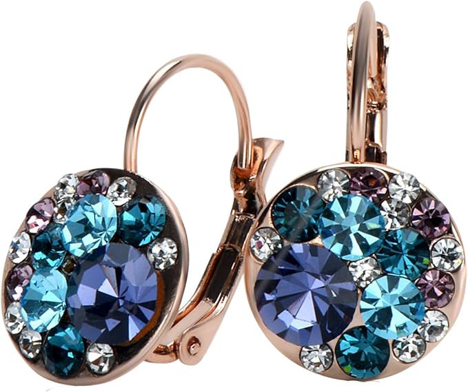 UPSERA Women's Round Multicolor Austrian Crystals Leverback Dangle Hoop Earrings Rose Gold Plated... | Amazon (US)