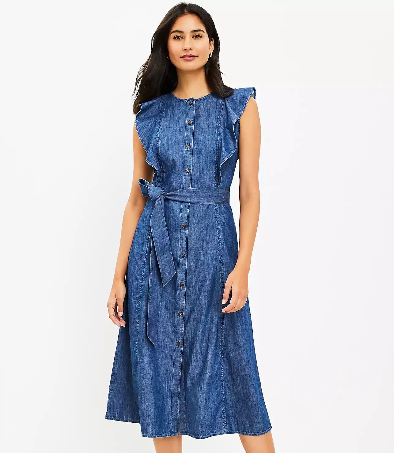 Chambray Ruffle Button Midi Pocket Dress | LOFT