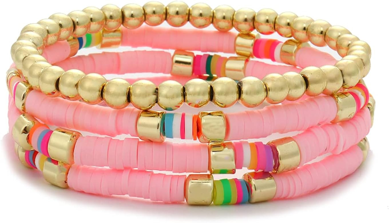 Colorful Beaded Bracelet for Women Heishi Bracelet Set Assorted Gold Bead Stackable Stretch Strand B | Amazon (US)