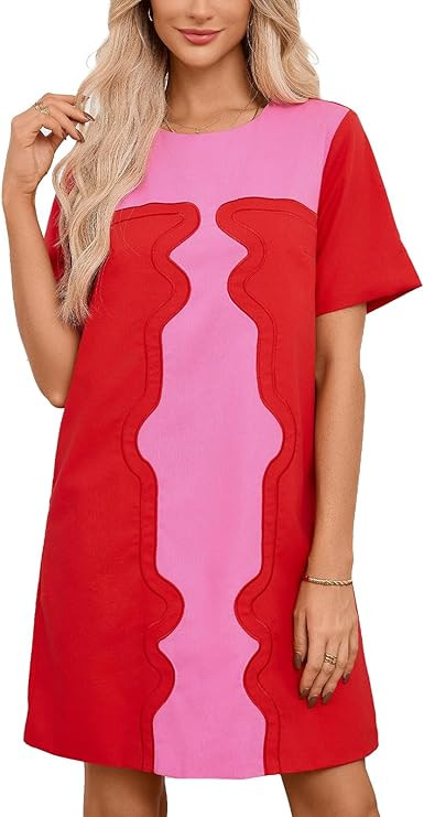 YEXPINE Women's Color Block Shift Dress Cotton Linen Short Sleeve Embroidered Mini Dresses with P... | Amazon (US)