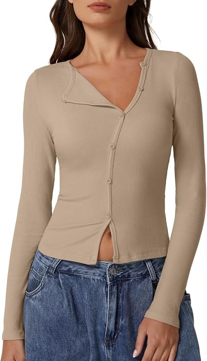 QINSEN Women's Long Sleeve Ribbed Crewneck Shirts Upper Button Fastening Going Out Tops | Amazon (US)