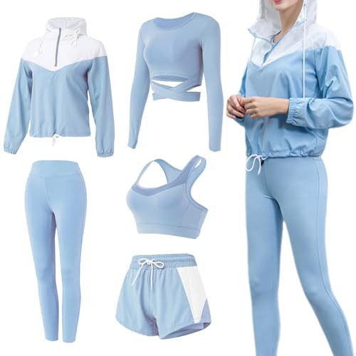 MISDENK Workout Sets for Women, 5 PCS Gym Athletic Sets Yoga Running Outfits Tracksuit Activewear Sports Clothes (Blue, S) | Amazon (US)