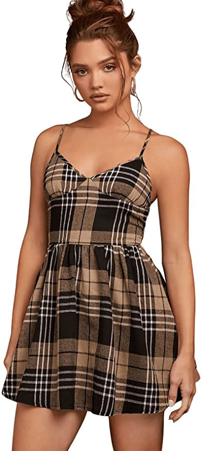 SweatyRocks Women's Spaghetti Strap Cami Dress High Waist Plaid Print Flare Mini Dresses | Amazon (US)