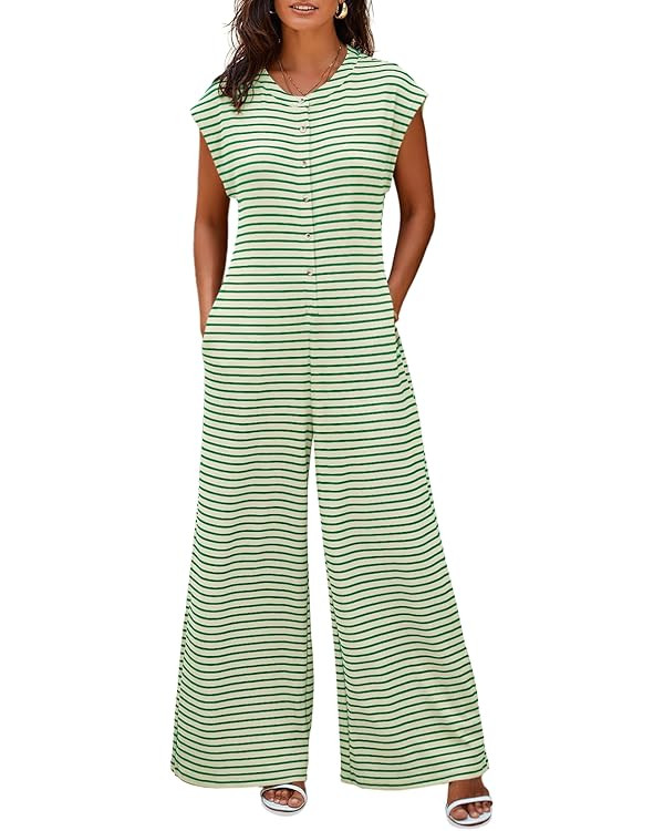 Cicy Bell Womens Casual Striped Jumpsuits Summer Cap Sleeve Wide Leg Jumper Romper Button Down Tr... | Amazon (US)