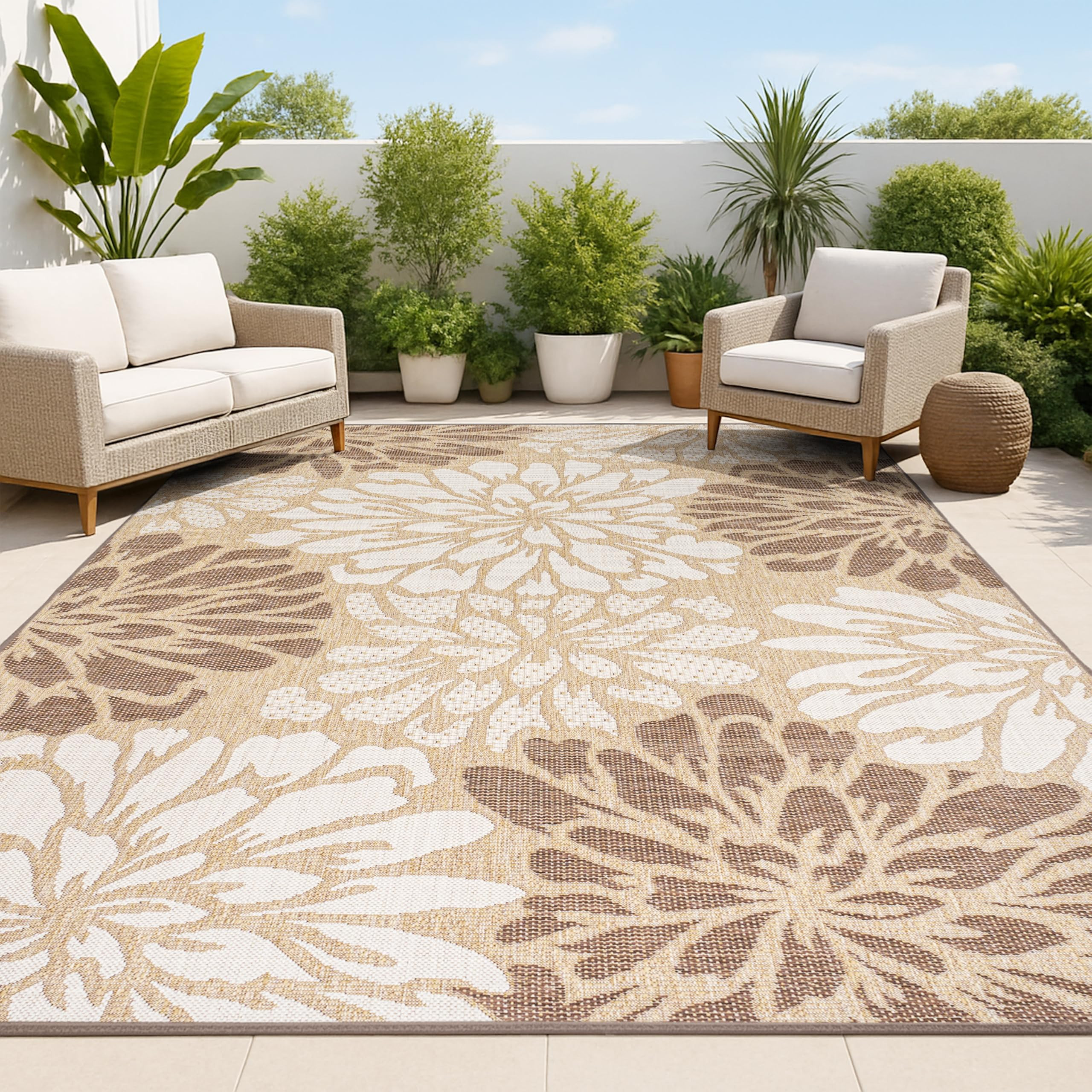 JONATHAN Y Floral Textured Weave Indoor Outdoor Area Rug 8X10 Brown/Cream, Zinnia Modern for Back... | Amazon (US)