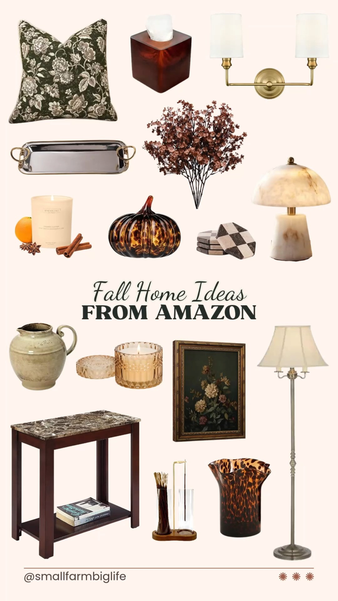 Fall home decor is all about warm, moody tones this year, and this roundup covers every corner of the house.

Think vintage brass lighting, tortoiseshell glass pumpkins and vases, faux marble mushroom lamps, and moody dark green floral wall art for a rich, layered look. Add in a brass floor lamp, marble coasters, a stoneware pitcher, and a few scented candles in cedarwood and amber saffron for cozy ambiance. Finish the space with a botanical throw pillow cover and a bundle of artificial baby's breath for a soft, natural touch.

Whether you are refreshing your living room, bathroom, or entryway, this edit has something for every fall vignette.

#falldecor #homedecor #amazonhome #cozyhome #falldesign 

 #LTKSeasonal #LTKHome