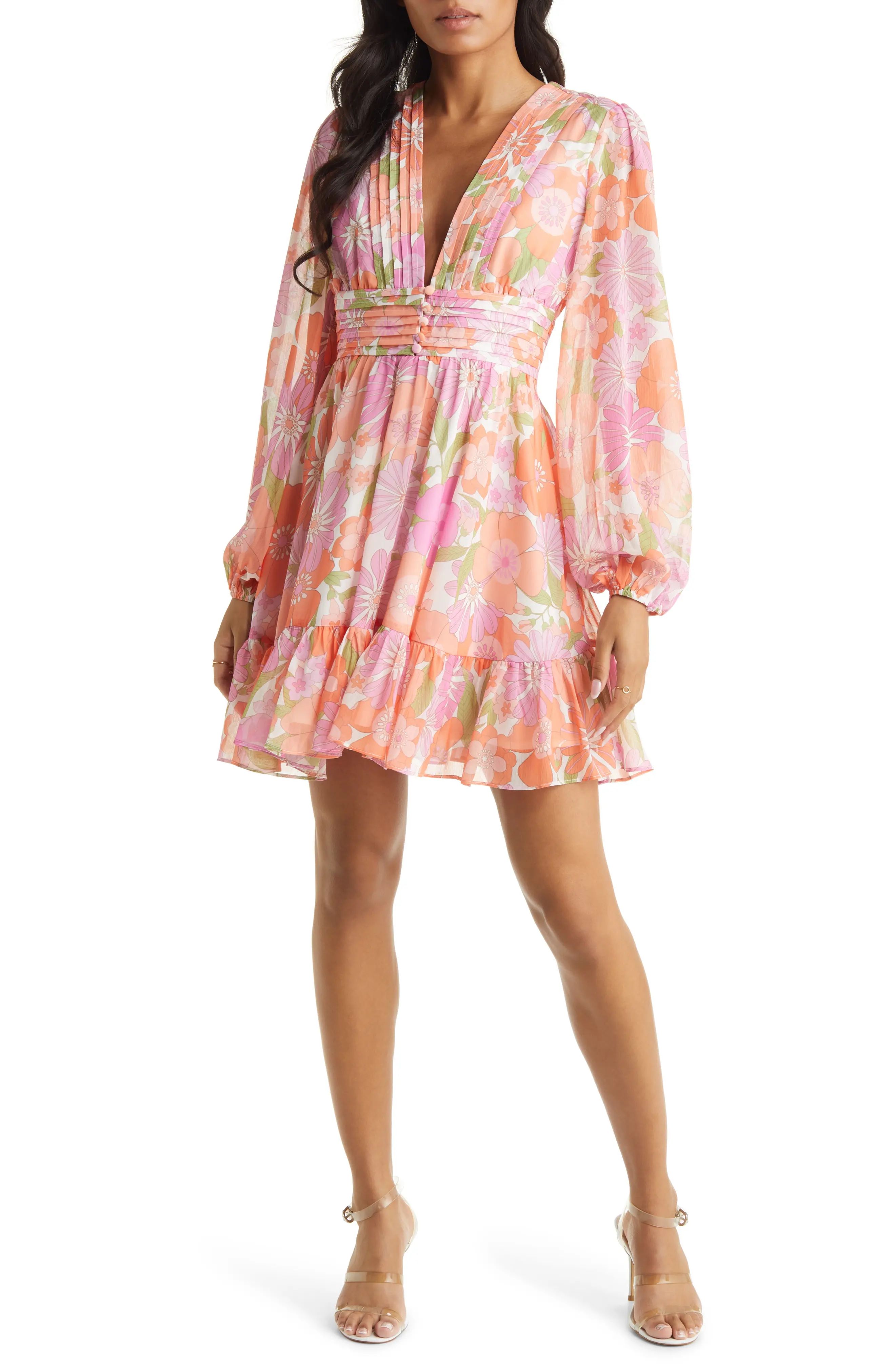 VICI Collection Floral Long Sleeve Chiffon Babydoll Dress in Pink/Orange at Nordstrom, Size X-Large | Nordstrom