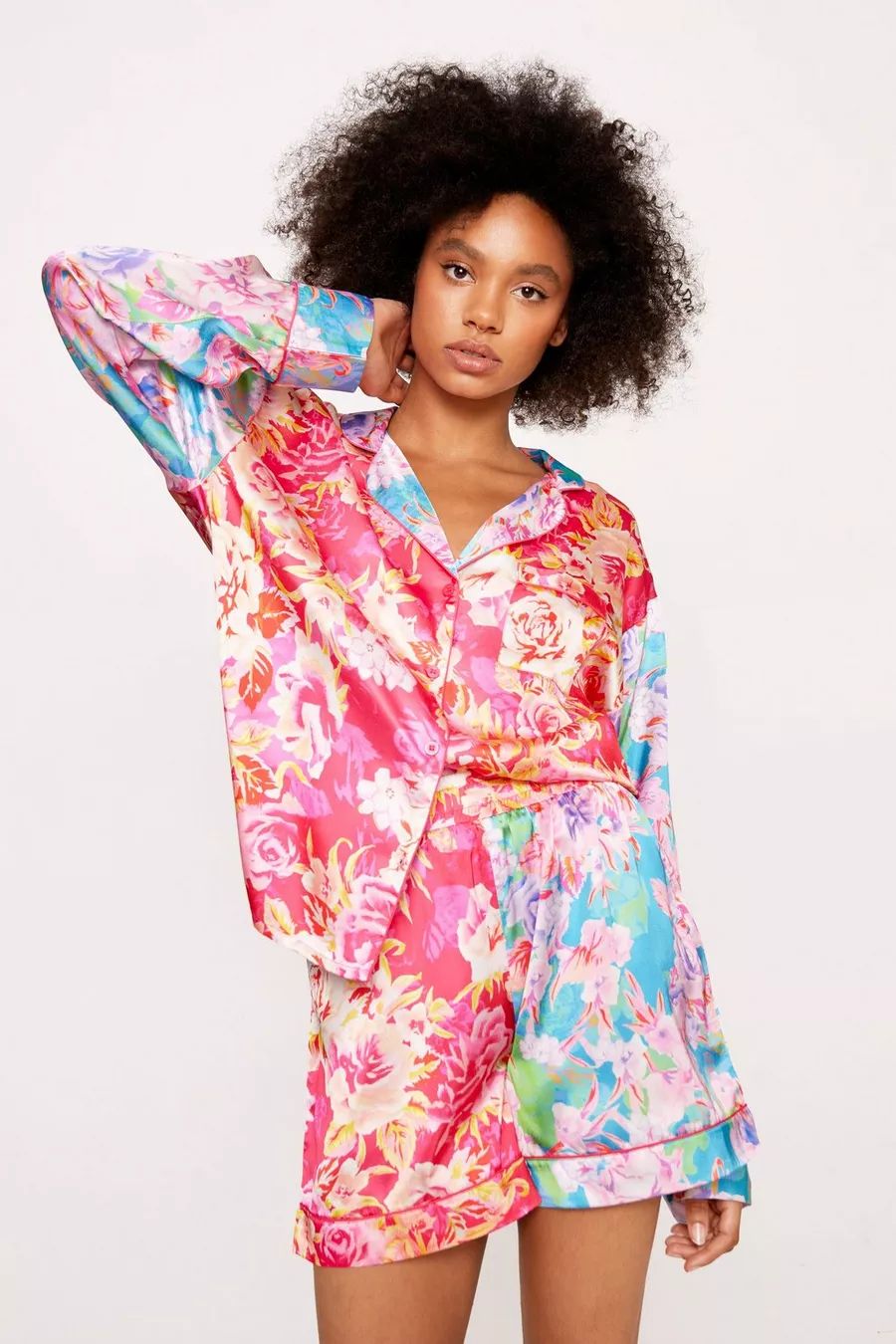 Satin Floral Print Color Block Pajama Short Set | Nasty Gal US