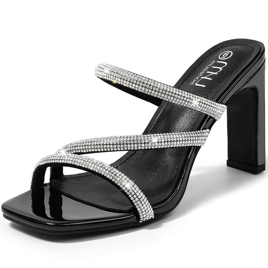 High Heels Sandals for Women Rhinestone Open Toe Slip On with Strappy Strap Dressy Sparkly Heel B... | Amazon (US)