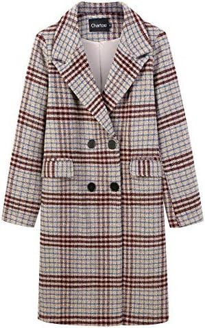 CHARTOU Women's Winter Oversize Lapel Collar Woolen Plaid Double Breasted Long Peacoat Jacket | Amazon (US)