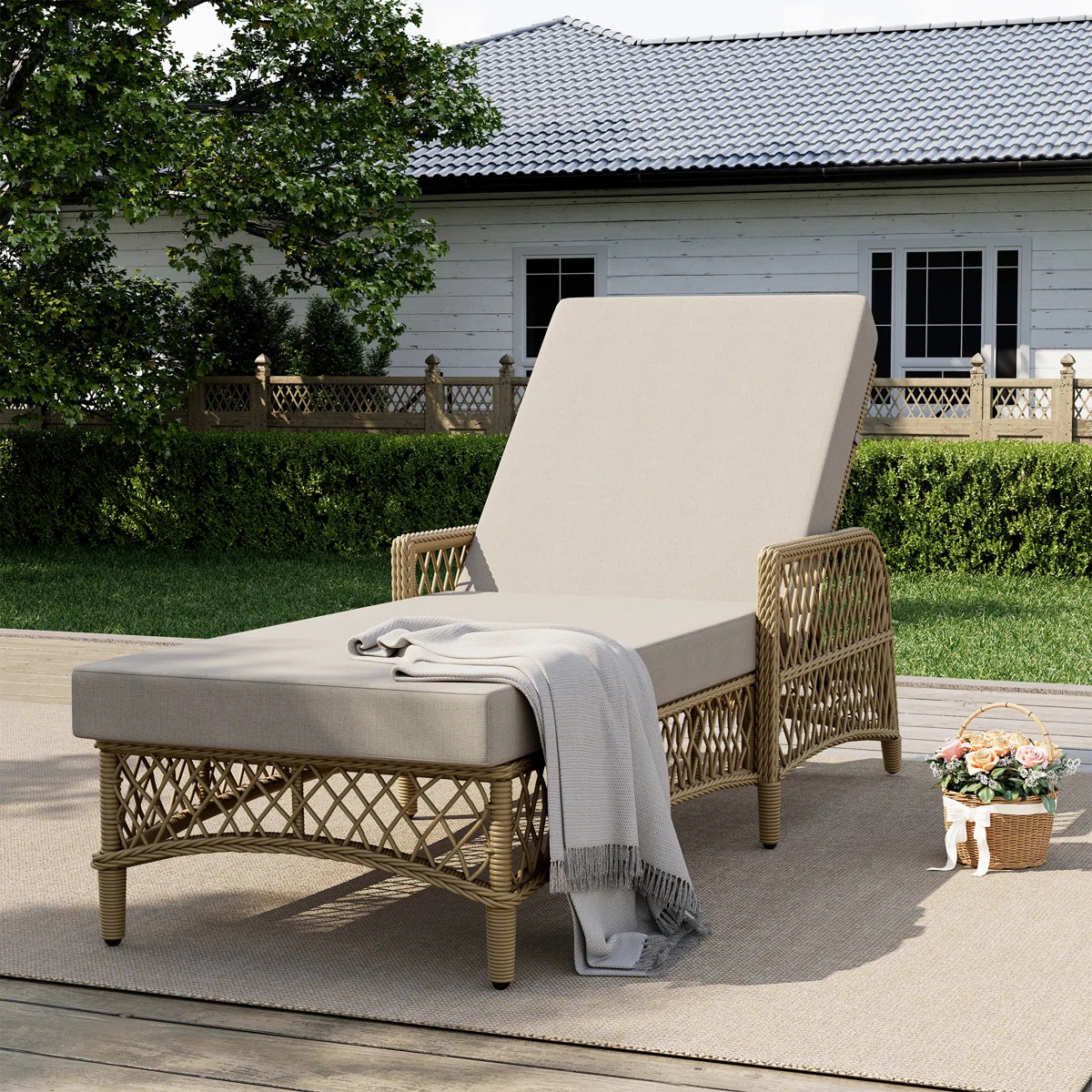 Lindenwold 1-Piece Wicker Patio Chaise Lounge With Beige Cushions | Wayfair North America