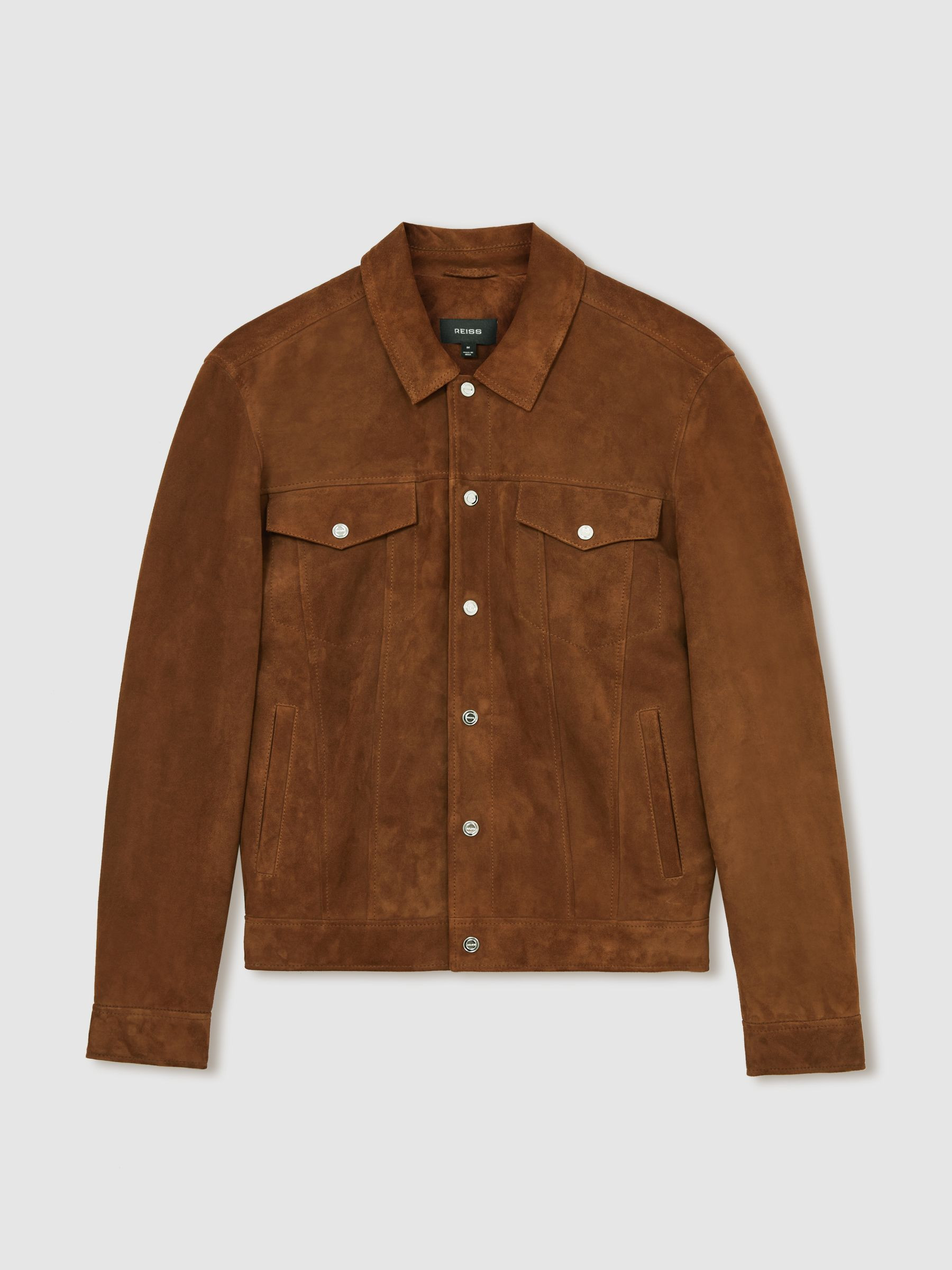 Reiss Suede Press Stud Trucker Jacket in Tobacco Brown | REISS | Reiss US