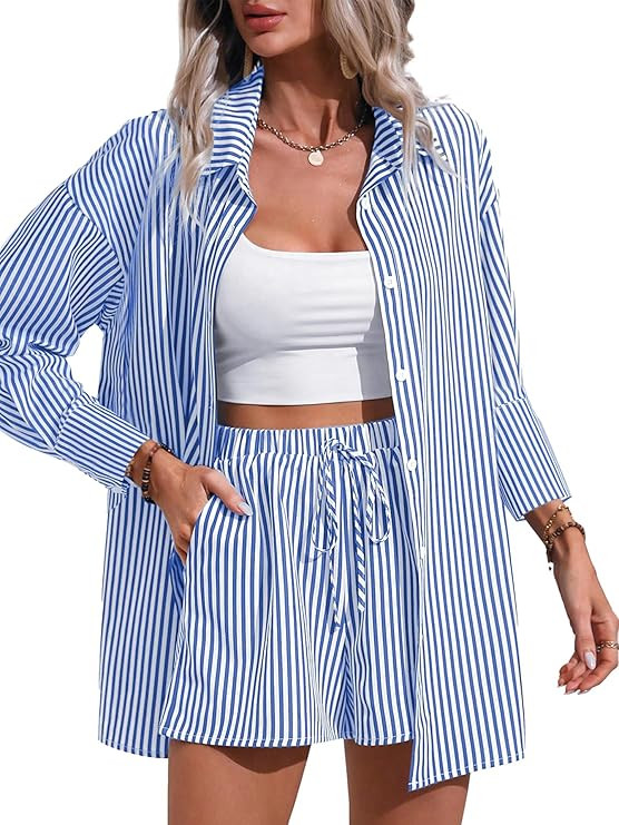Women's 2 Piece Outfits Striped Button Down Long Sleeve Shirt Top and Drawstring Shorts Set | Amazon (US)