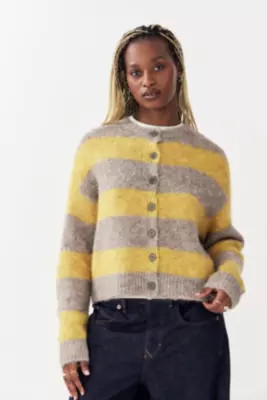 UO Dakota Stripe Knit Cardigan - Yellow S at Urban Outfitters | Urban Outfitters UK