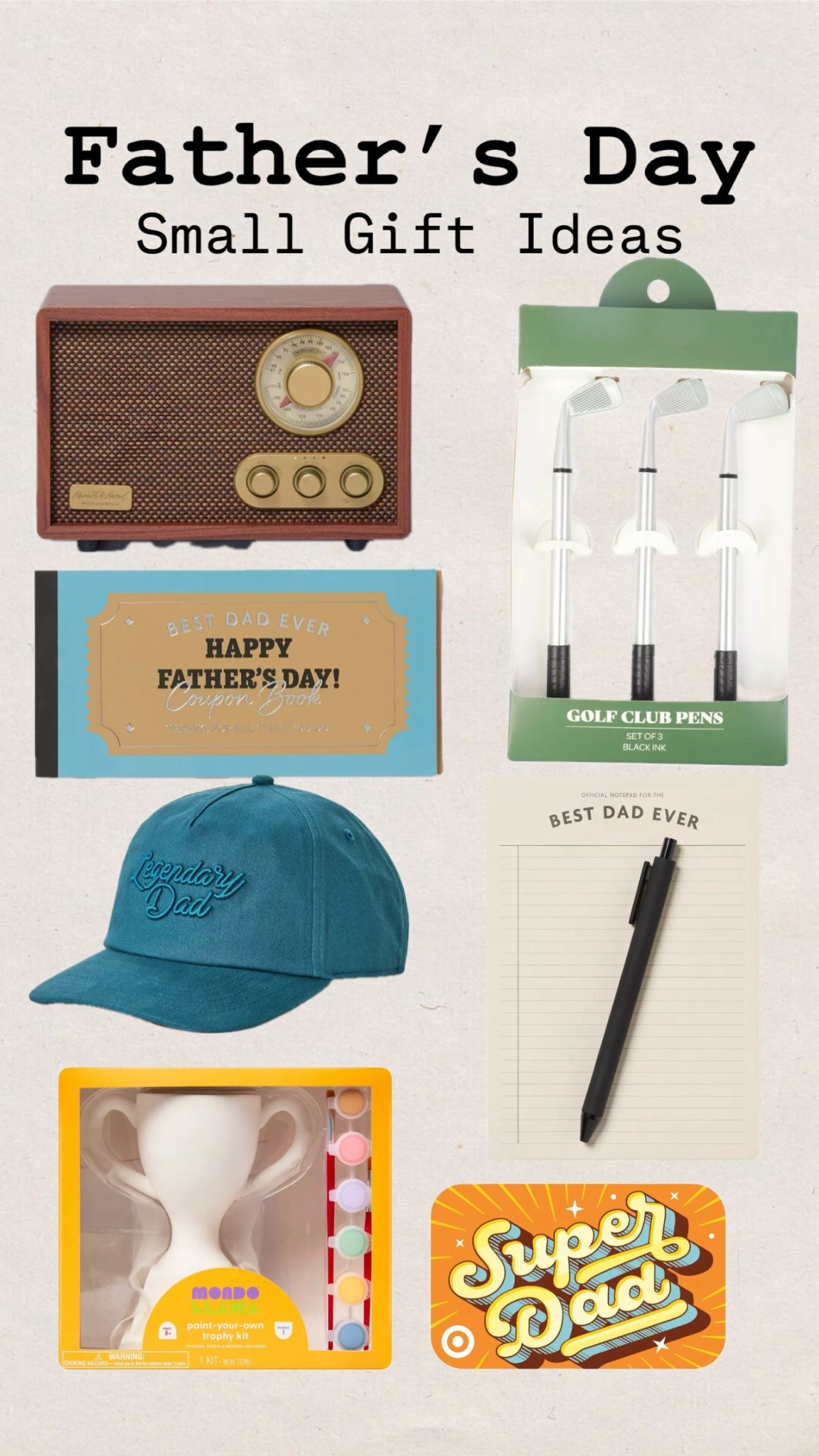 Father’s Day gift ideas
Grandpa gift
Dad gift
Father in-law gift
Hat
Notepad
Gift card
Golf pen
DIY 
Kids gift for dad 
Crafts

#LTKFindsUnder50 #LTKMens #LTKGiftGuide