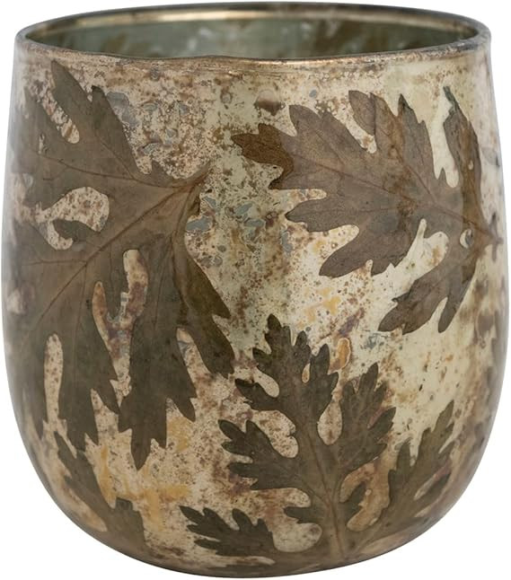 Creative Co-Op 4" Round x 4-3/4"H Mercury Glass Votive Holder w/ Embedded Natural Oak Leaves, Ant... | Amazon (US)