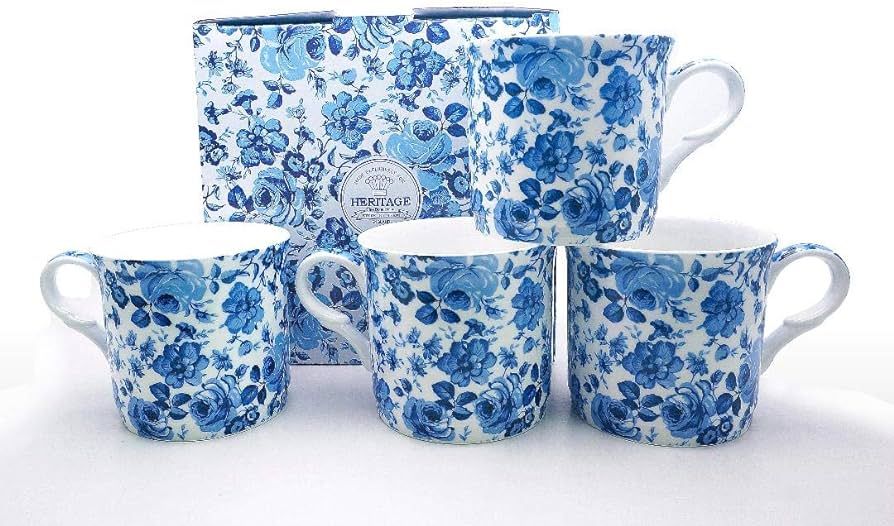 FINE Bone China Set of 4 Mugs Gift Boxed Chatsworth Blue Mugs Free UK DELIVERY | Amazon (UK)