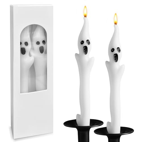 Bmobuo Halloween Decorations Indoor - 2PCS Spooky Ghost Candles, 9.8" Halloween Taper Candles for Party Decor, Home Table Centerpieces | Amazon (US)
