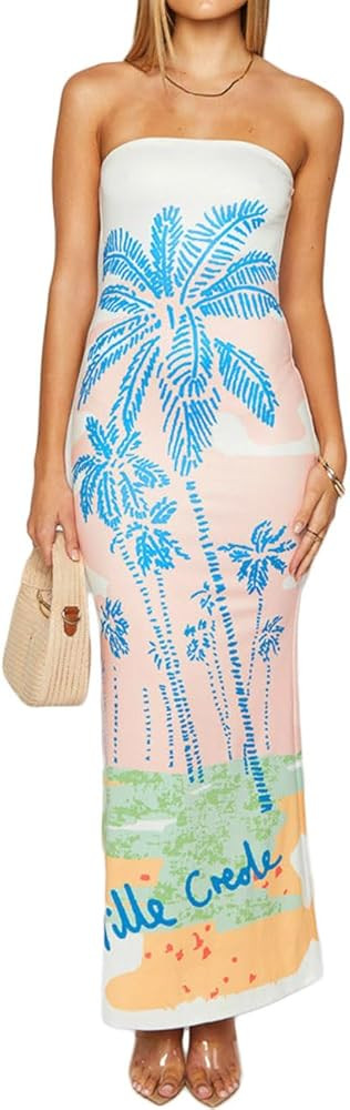 Realtix Women's Summer Floral Print Strapless Bodycon Maxi Dress Sexy Tube Top Fitted Party Long ... | Amazon (US)