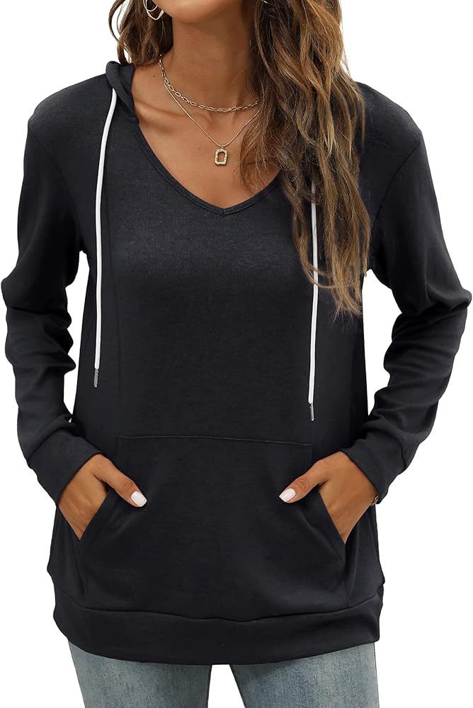 Saloogoe Kangaroo Pocket Hoodies for Womens V Neck Lightweight Sweatshirts Long Sleeve Tops | Amazon (US)