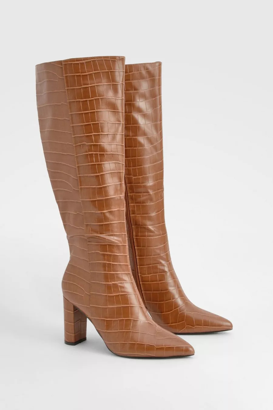 Wide Fit Croc Pointed Knee High Heeled Boots | boohoo (US & Canada)