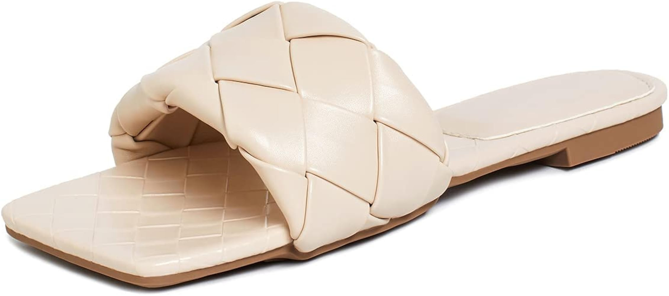 Women's Braided Sandals Flat Square Open Toe Woven Leather Slip On Slides Cute Quilted Single Ban... | Amazon (US)