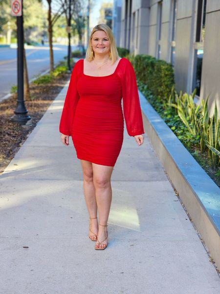 Red Ruched bodycon mini dress with stretch and sheer sleeves. Comes in other colors. Wearing the XL but fits true to size. Size up for more length. Valentine’s Day outfit  

#LTKmidsize #LTKover40 #LTKstyletip