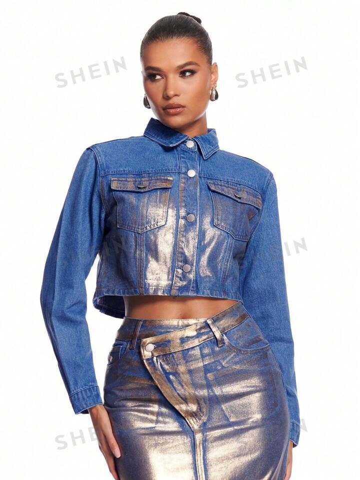 SHEIN BAE Metallic Women's Plus Size Denim Jacket&Festival Outfits | SHEIN