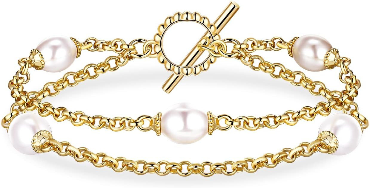 Gold Pearl Bracelet for Women, REAL 14K Gold Plated Double Layered Dainty Pearls Bracelet, Elegan... | Amazon (US)