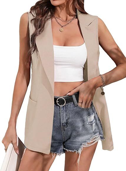 Floerns Women's Elegant Sleeveless Open Front Lapel Collar Vest Blazer Jacket | Amazon (US)