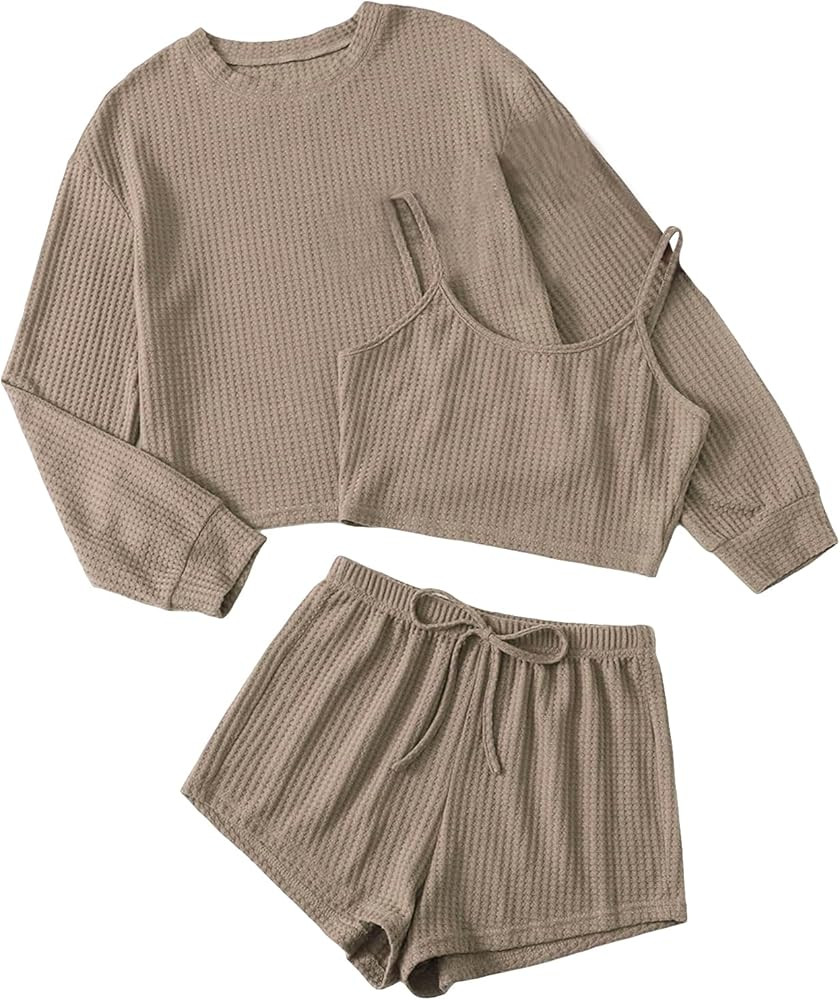 COZYEASE Women's 3 Piece Lounge Sets Ribbed Knit Cami Top Long Sleeve Tee Shirts and Shorts Pajam... | Amazon (US)