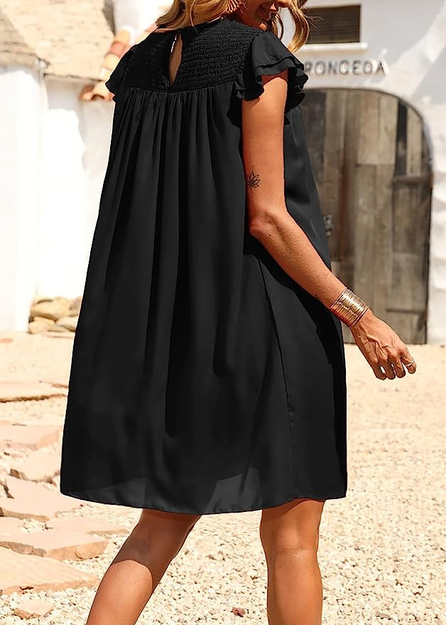 KIRUNDO Women's 2023 Summer Casual Dress Ruffle Sleeve Crew Neck Short Mini Dress Solid Loose Flo... | Amazon (US)