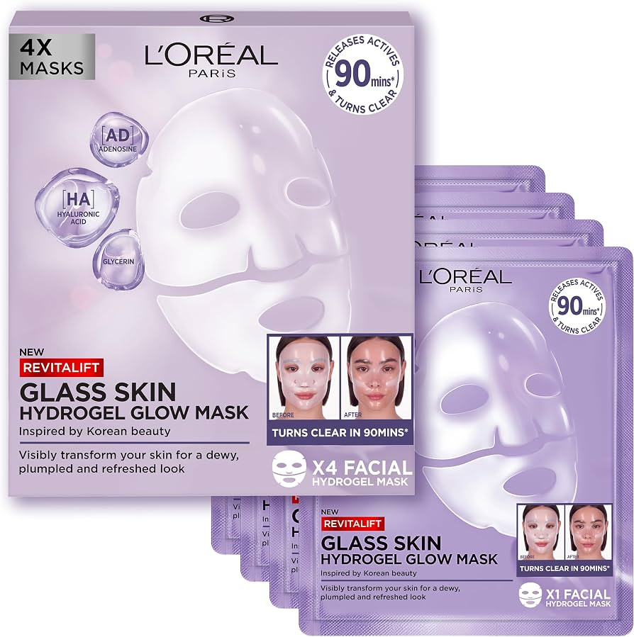 L'Oreal Paris Glass Skin Hydrogel Sheet Face Masks, Korean Inspired, 4 Pcs | Amazon (UK)