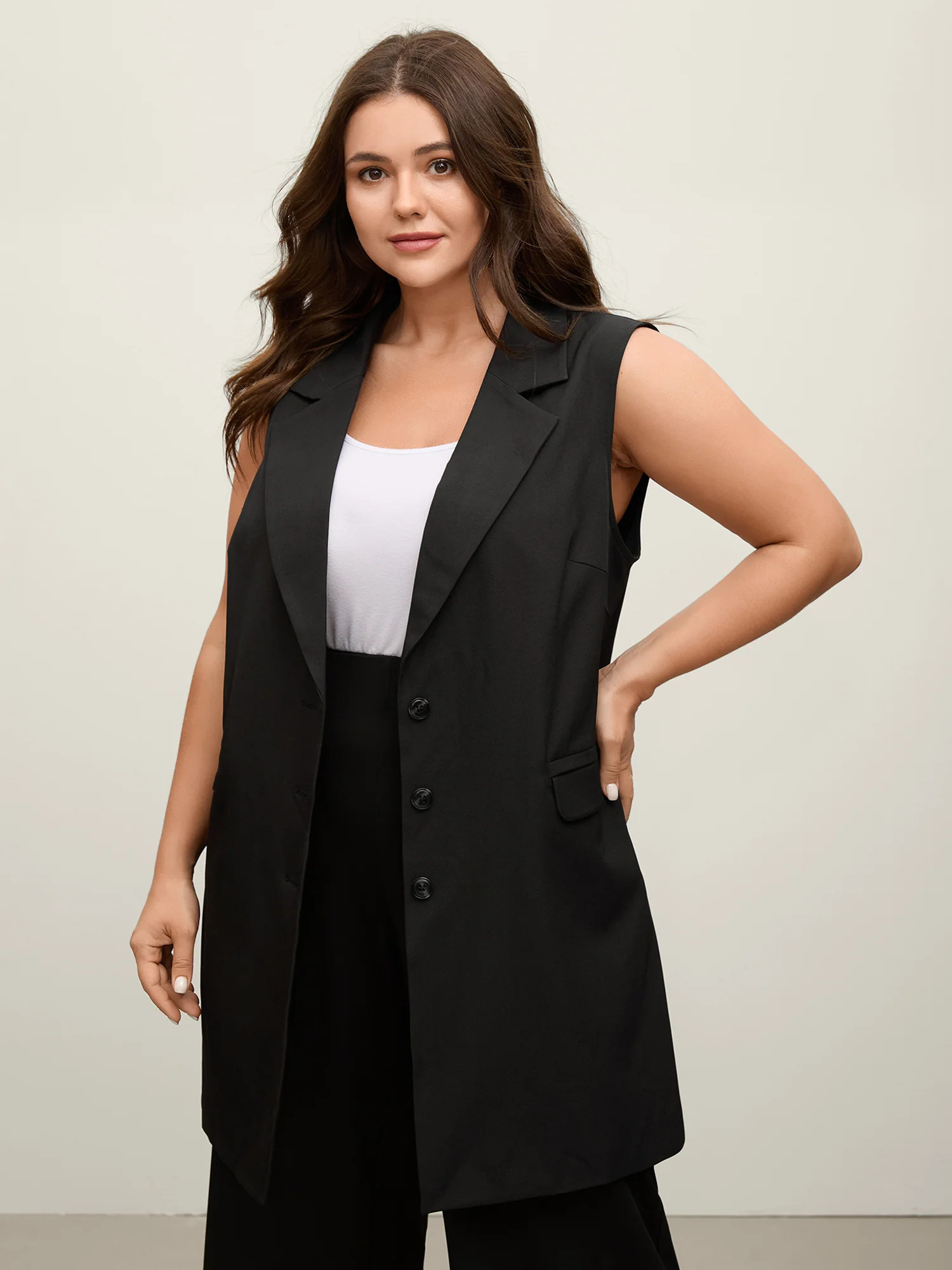 Button Longline Pockets Solid Vest | Bloomchic