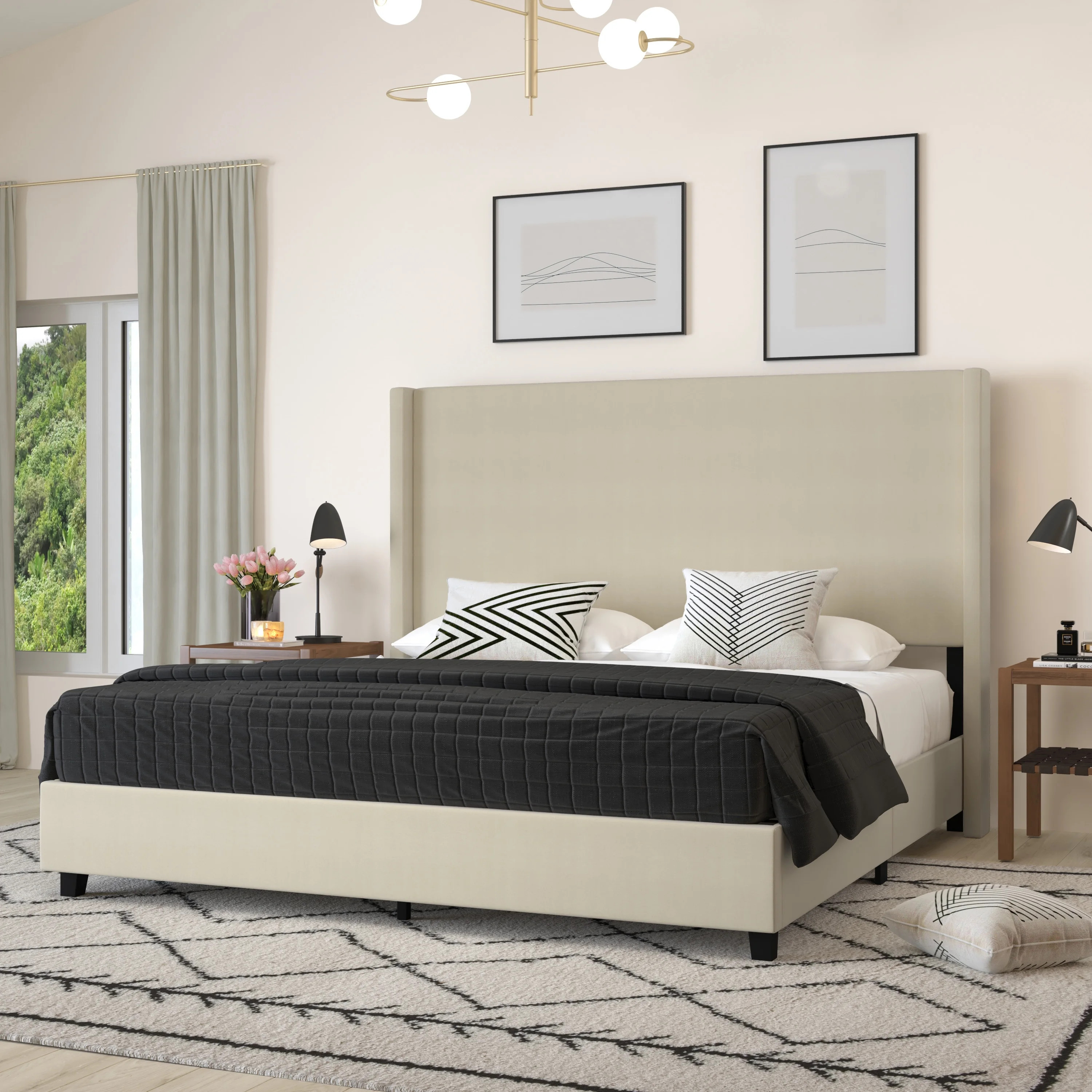 Merrick Lane Modern King Size Platform Bed Frame with Padded Faux Linen Upholstered Wingback Head... | Walmart (US)