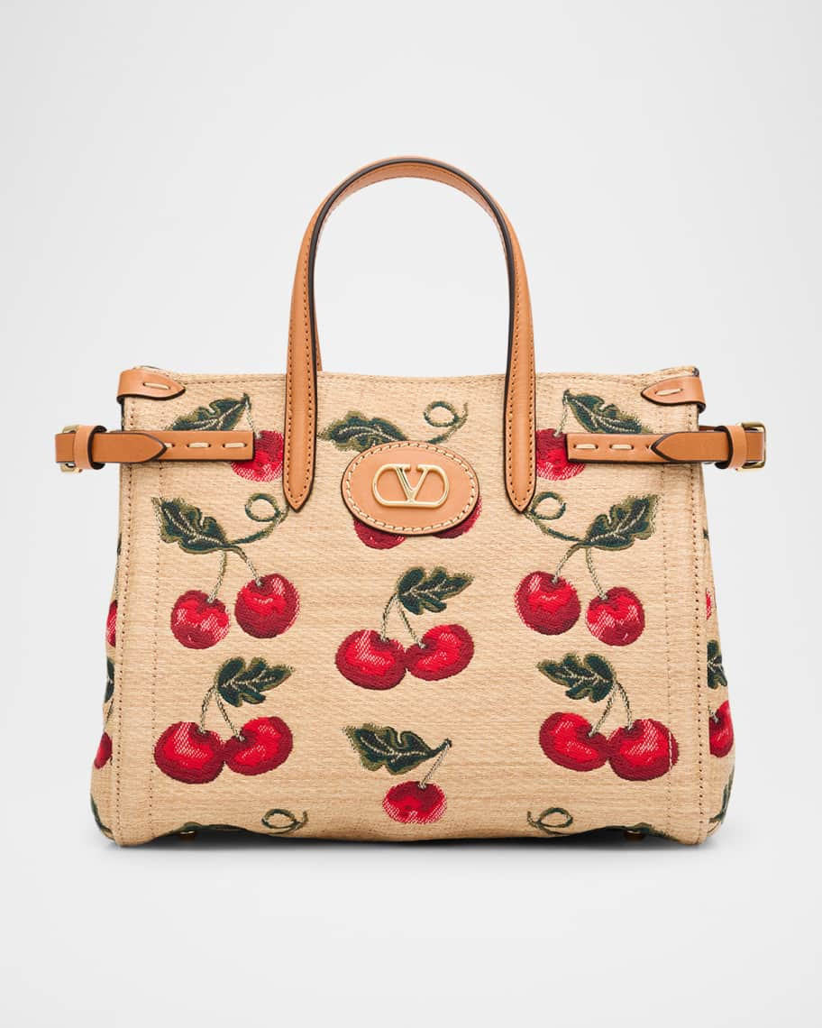 Valentino Garavani Antibes Small Raffia Cherry Jacquard Tote Bag | Neiman Marcus