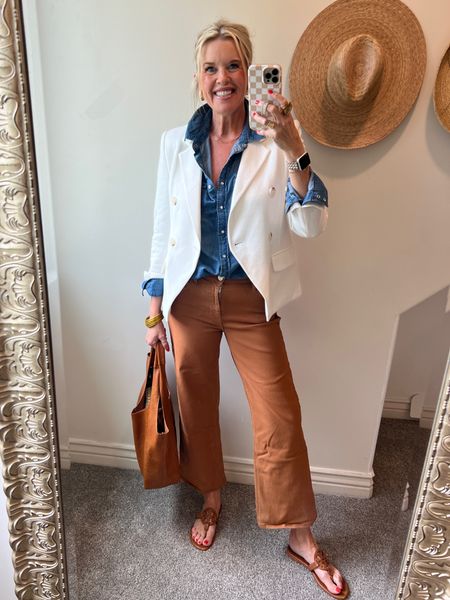 #ootd 
A color combo I adore

Camel, denim and white

Camel Hudson jean wax coated cropped wide leg
TTS 

White double breasted blazer by GibsonLook tts save 10% with code DARCY10 

Denim shirt button up tts

Tory Burch Miller sandal
A classic sandal you’ll wear on repeat for years. 

Vegan tote one of my best sellers
And a go too! Looks great year round, goes with everything and hold all you need it too 🥰

Designer dupe earrings $13

#LTKFindsUnder100 #LTKWorkwear #LTKStyleTip