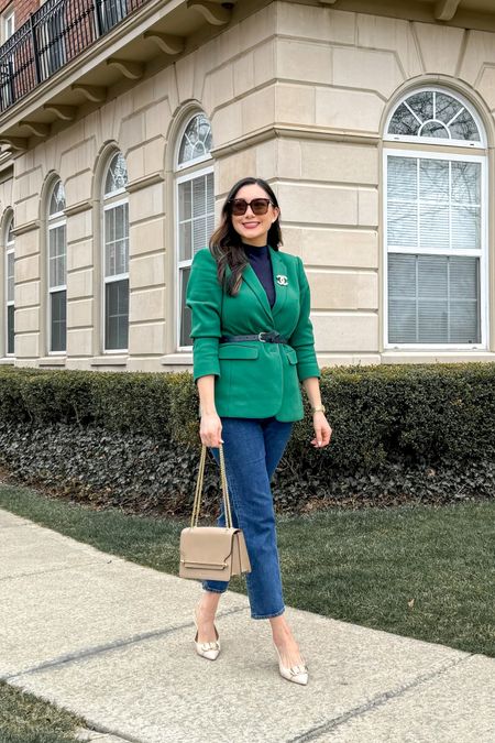 Classy spring outfit 💚💙

Green blazer size 4, sized up for a relaxed fit 
Navy mock neck shell size small, TTS
Dark high rise ankle length jeans size 27 curve love regular length, should of got long length, fit tight I totally but loosen with wear 
Ivory sling back kitten heels size 7, TTS

Dressy casual 
Saint Patrick’s day outfit 

#LTKSpringSale #LTKstyletip #LTKshoecrush