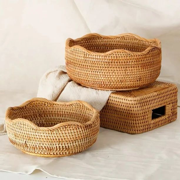 Taluosi Round Rattan Woven Storage Basket Fruit Bread Food Kitchen Home Decor Organizer | Walmart (US)